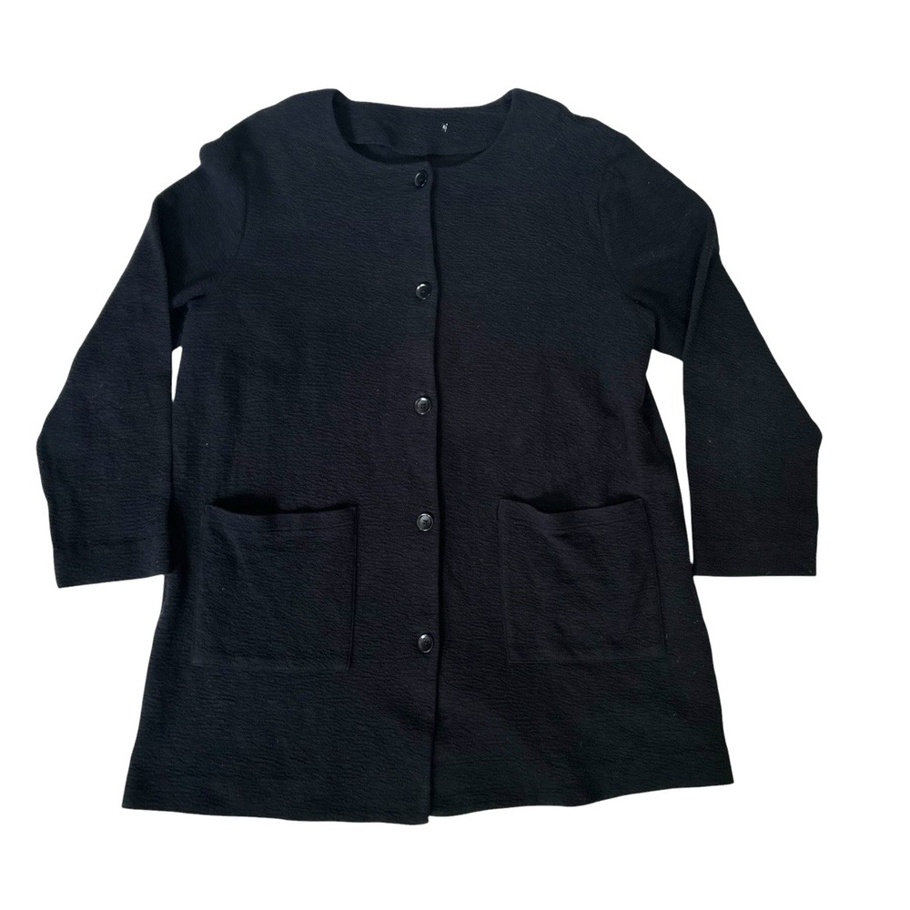 Eileen Fisher System Organic Cotton Black Long Jacket Collarless Pockets Large - Picture 2 of 8
